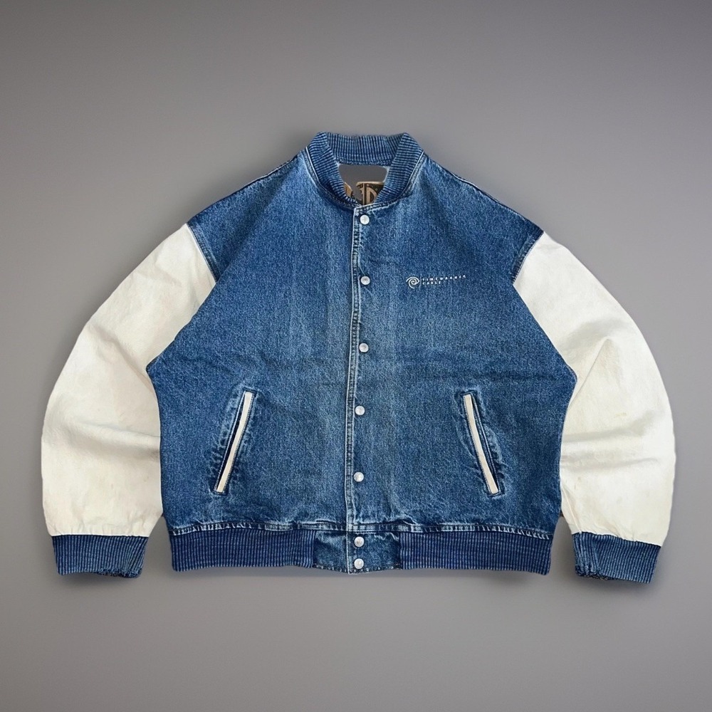 Vintage 90s Denim Mens Blue White Two Tone Varsity Work Jacket Time Warner XL